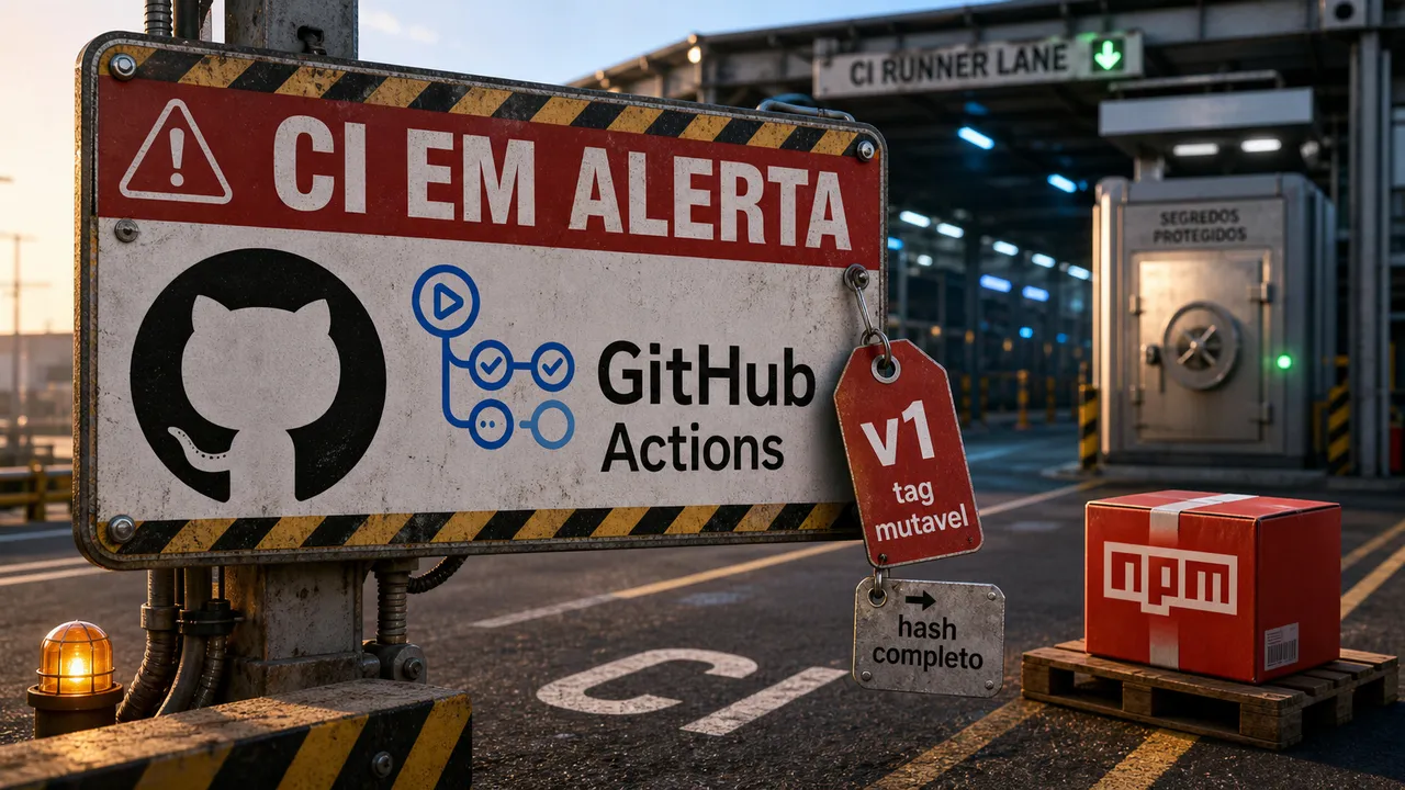 Placa industrial de alerta de CI com GitHub Actions, tag v1 mutável, hash completo e pacote npm.