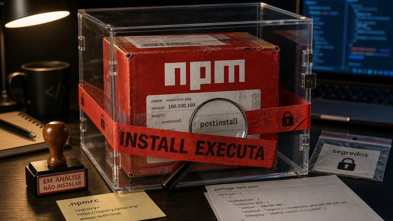 Pacote npm dentro de uma caixa de quarentena, com lacre "INSTALL EXECUTA" e a palavra "postinstall" ampliada por uma lupa.