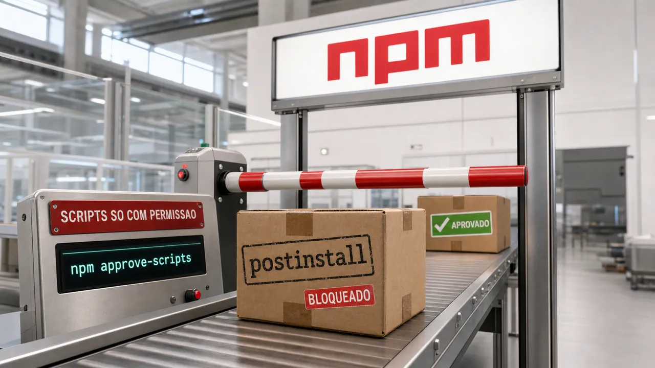 Ilustração editorial de um portão de inspeção da npm parando um pacote marcado "postinstall" com etiqueta "BLOQUEADO", enquanto um pacote "APROVADO" passa, ao lado de um painel com a frase "scripts só com permissão" e o comando "npm approve-scripts" — simbolizando o npm v12 desligando os install scripts por padrão.