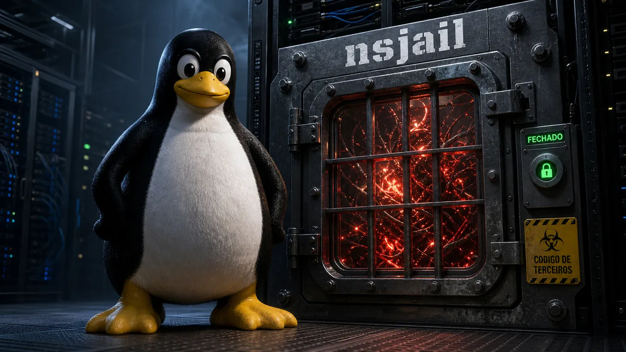 O pinguim Tux do Linux em pé como guarda ao lado de uma cela de aço selada num rack de servidor, com código de terceiros preso e brilhando em vermelho atrás das grades e uma trava verde marcada "FECHADO".