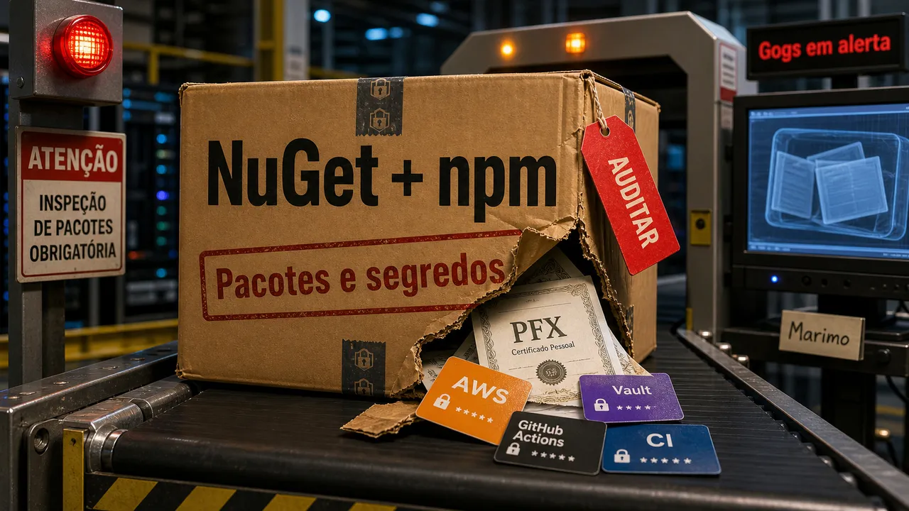 Pacote de papelão com o rótulo NuGet + npm parado em uma esteira de inspeção, vazando certificados PFX e cartões de segredos de CI e cloud.