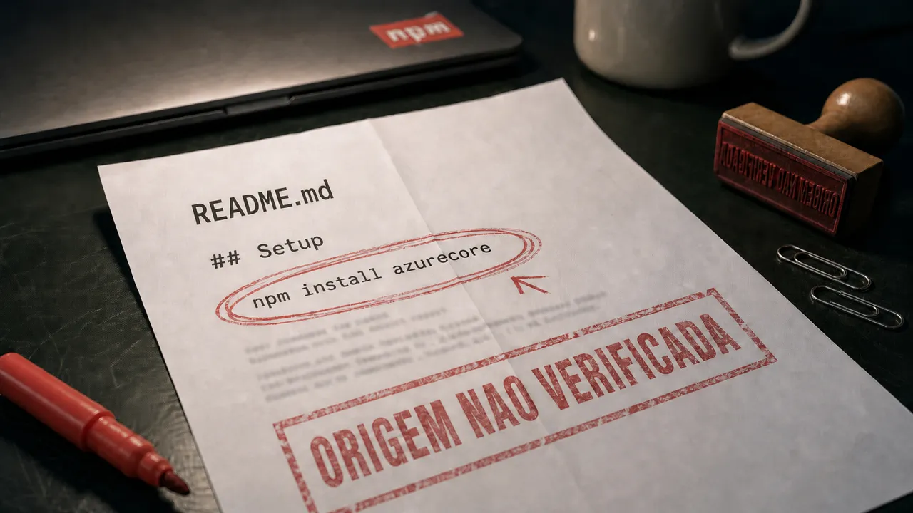 Folha impressa de um README sobre uma mesa escura, com a linha "npm install azurecore" circulada a caneta vermelha e um carimbo vermelho de "origem não verificada" atravessando a página.