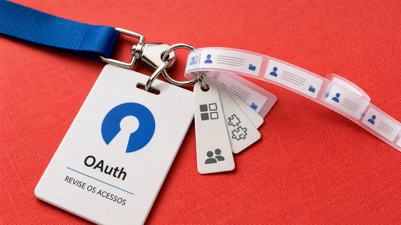 Crachá OAuth conectado a permissões de aplicativos e a uma faixa de registros sobre tecido coral.