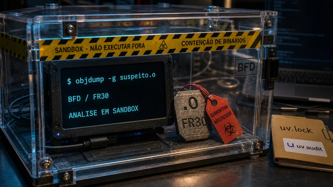 Terminal com objdump -g analisando um arquivo objeto suspeito dentro de uma caixa acrílica de sandbox, com etiqueta BFD/FR30 e detalhe secundário de uv audit.