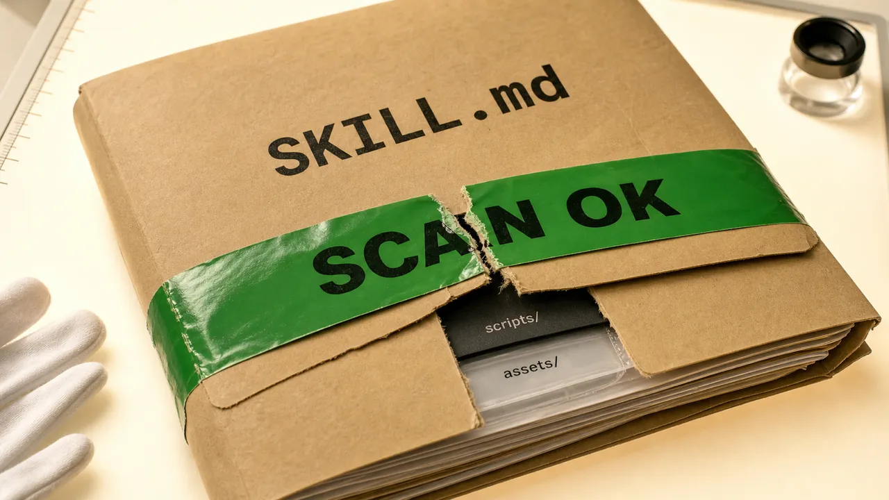 Dossiê SKILL.md com selo verde de aprovação rompido, revelando scripts e assets internos.