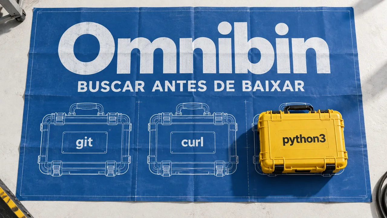 Planta azul do Omnibin com contornos de ferramentas e uma maleta python3, ilustrando programas baixados sob demanda.
