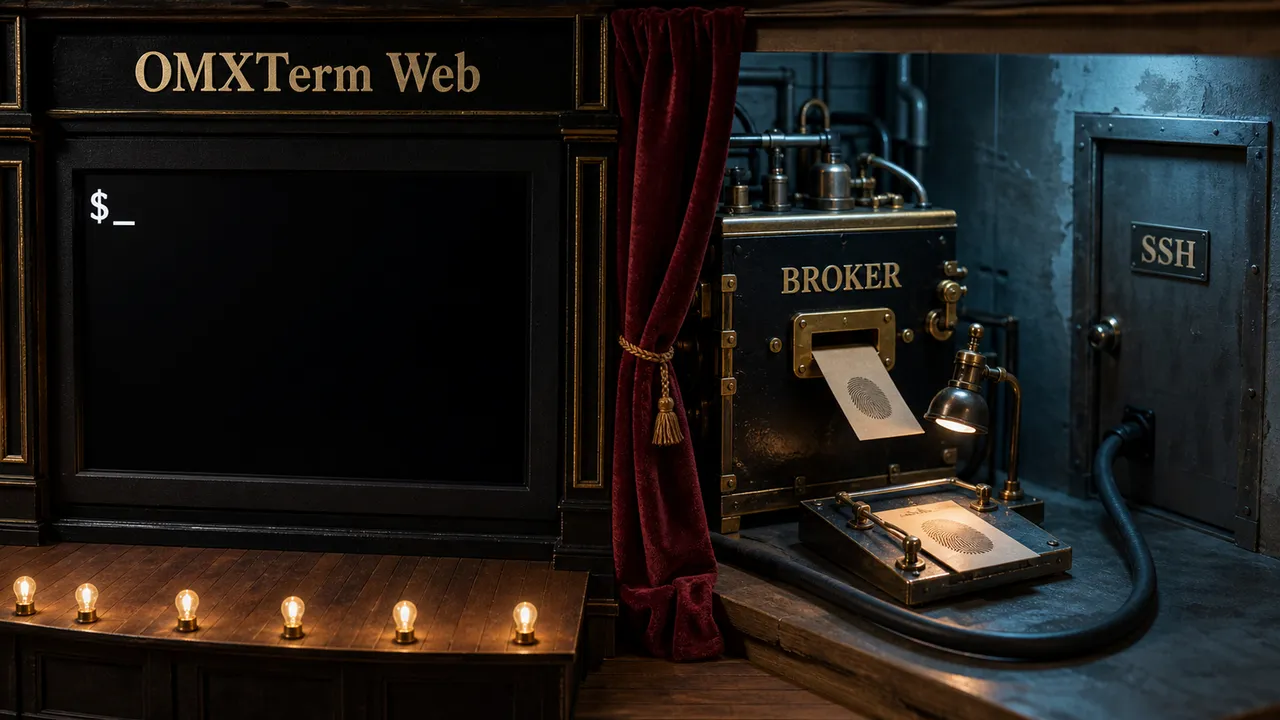 Palco com terminal OMXTerm Web e cortina aberta para o broker ligado a uma porta SSH.