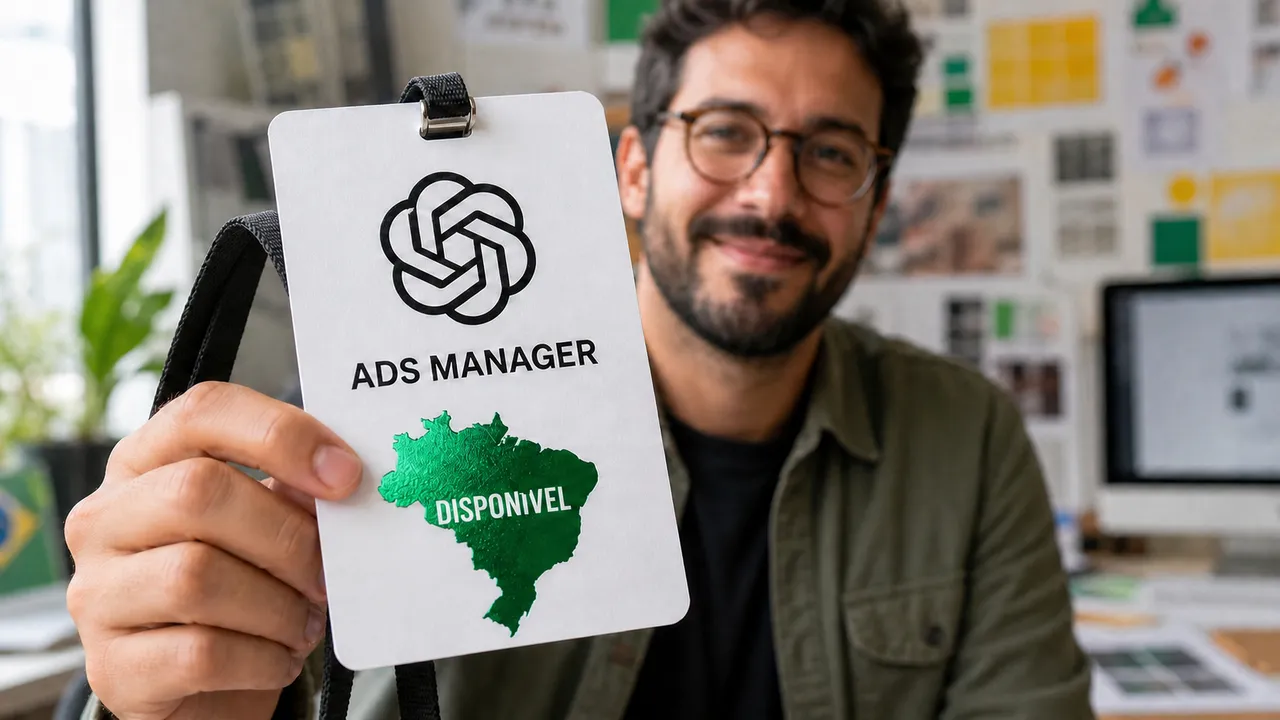Profissional segura credencial do OpenAI Ads Manager com o mapa do Brasil marcado como disponível.