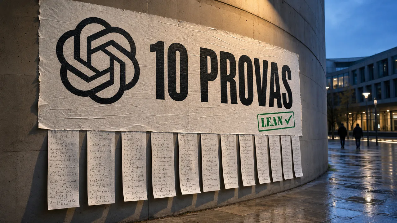 Cartaz da OpenAI anuncia dez provas matemáticas, com fórmulas em papel e selo do Lean.