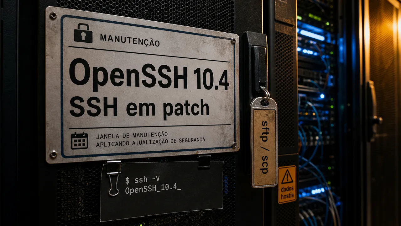 Placa de manutenção em um rack de servidores com o texto OpenSSH 10.4 e SSH em patch, acompanhada de etiqueta sftp/scp e aviso pequeno de dados hostis.