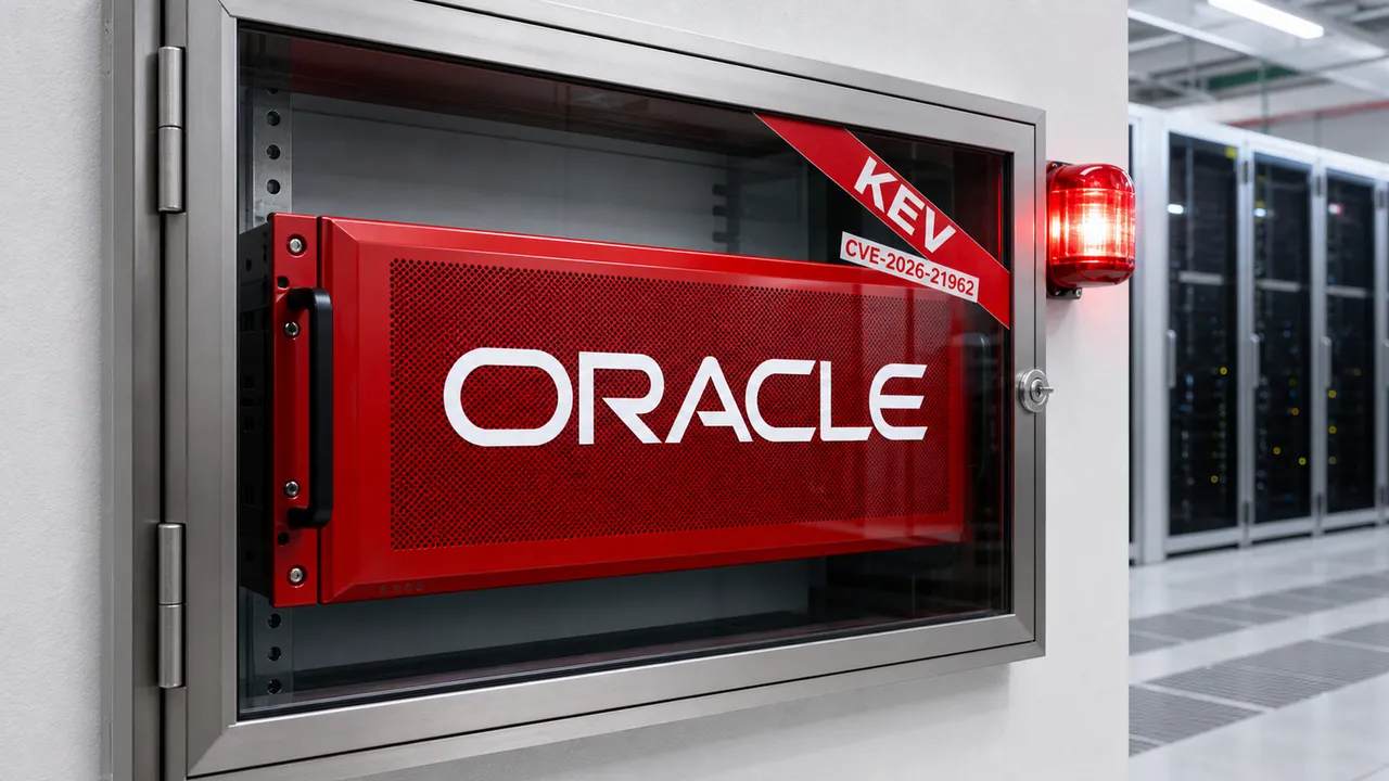 Appliance vermelho da Oracle selado com alerta KEV e a identificação CVE-2026-21962.