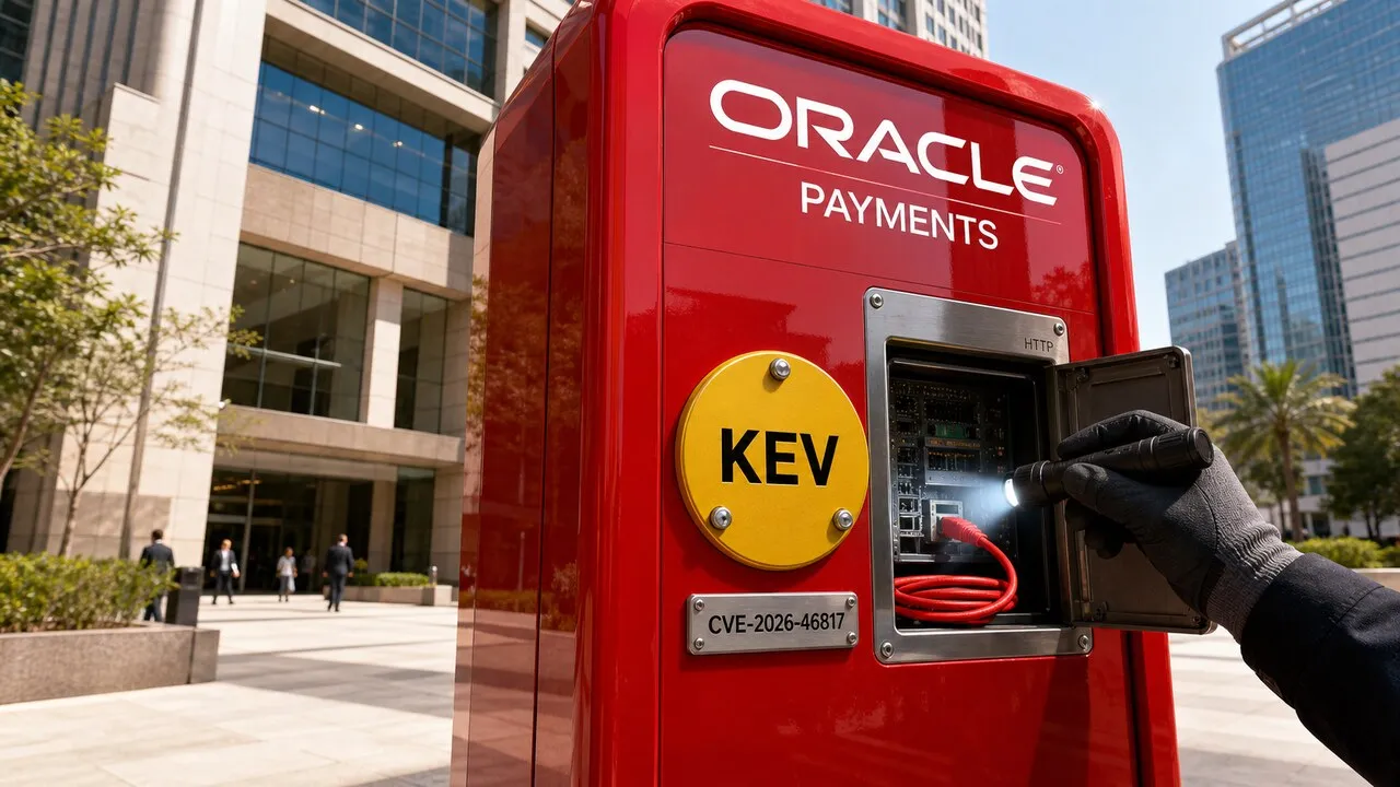 Terminal vermelho da Oracle Payments sob inspeção, com selo amarelo KEV e a identificação da CVE-2026-46817.