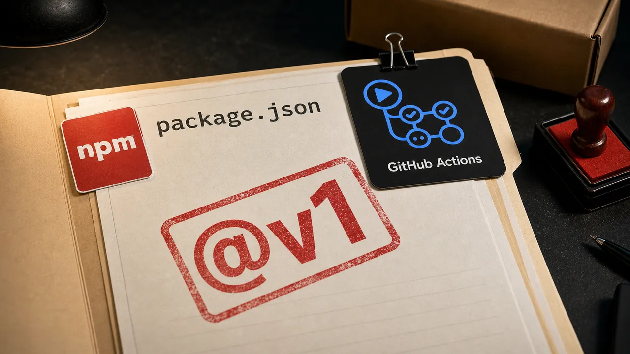 Dossiê físico com package.json, npm, GitHub Actions e um carimbo @v1 em destaque.