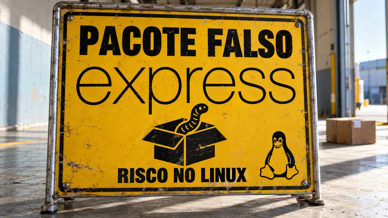 Placa amarela alerta para pacote falso de Express e risco no Linux, com ilustração de worm saindo de uma caixa e Tux.