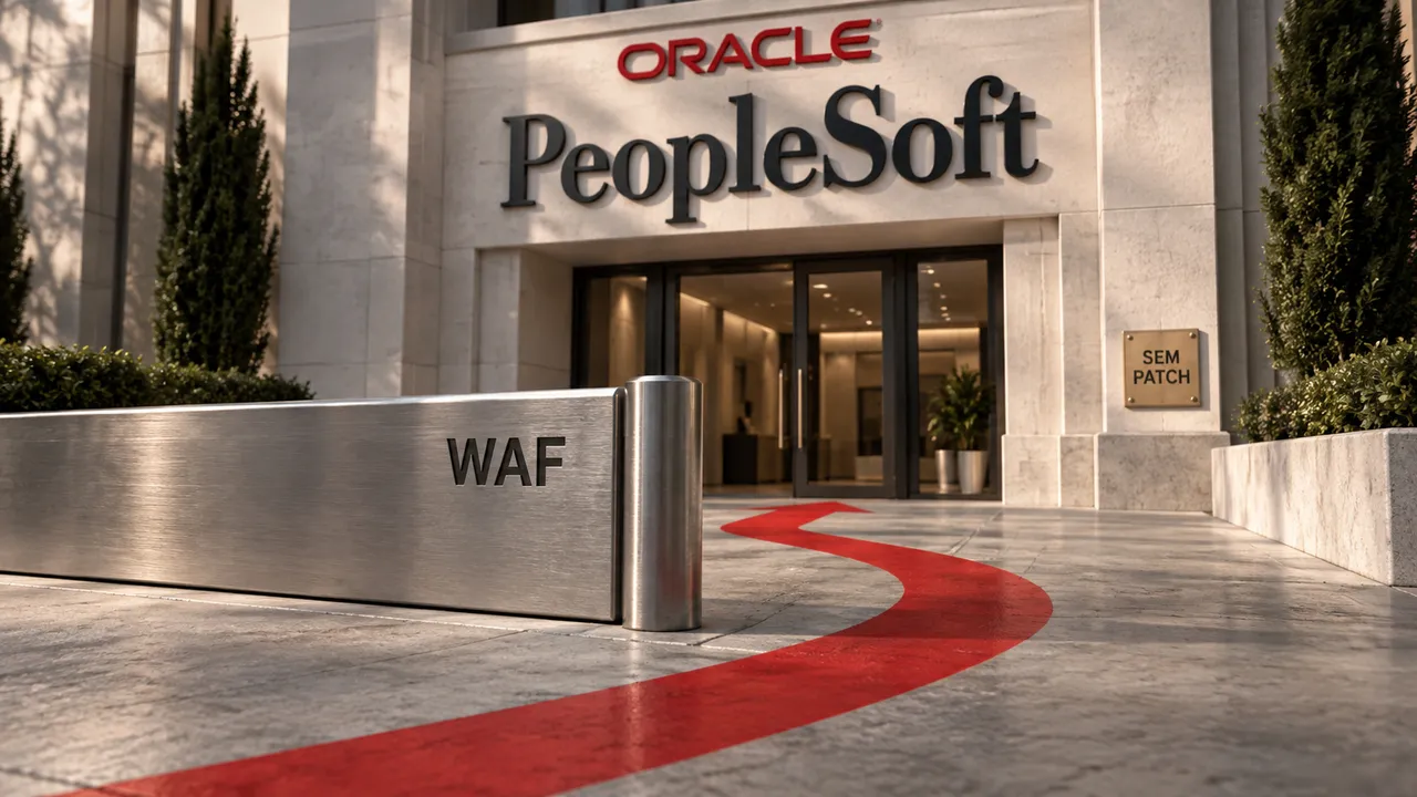 Caminho vermelho contorna uma barreira WAF diante de uma entrada PeopleSoft sinalizada como sem patch.