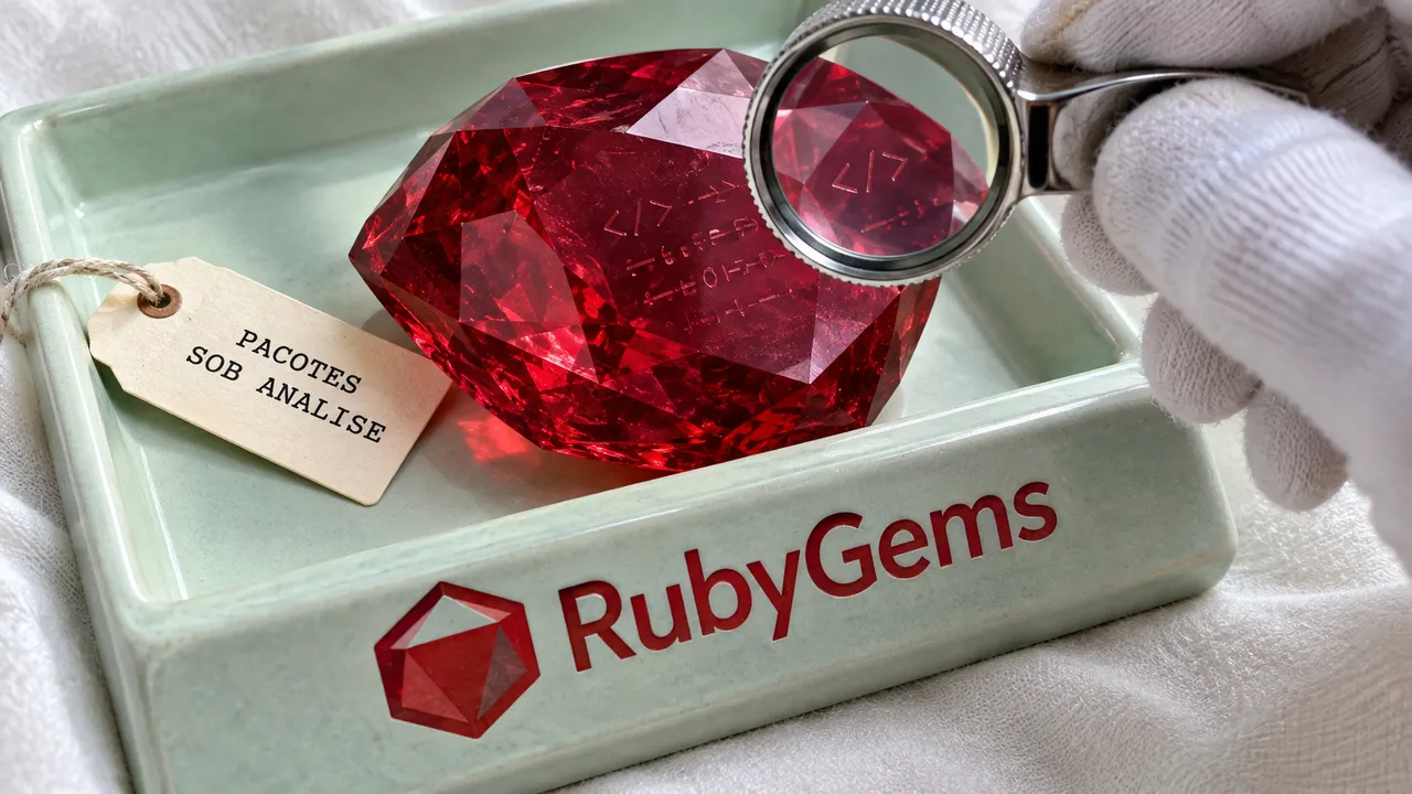 Rubi examinado com lupa em bandeja RubyGems, ilustrando a análise de pacotes maliciosos.