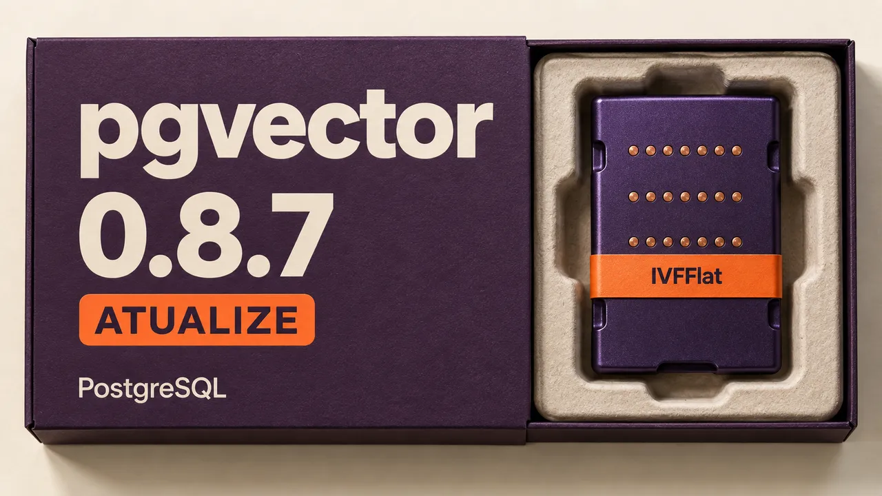 Embalagem ilustrativa do pgvector 0.8.7 com aviso de atualização e módulo identificado como IVFFlat.