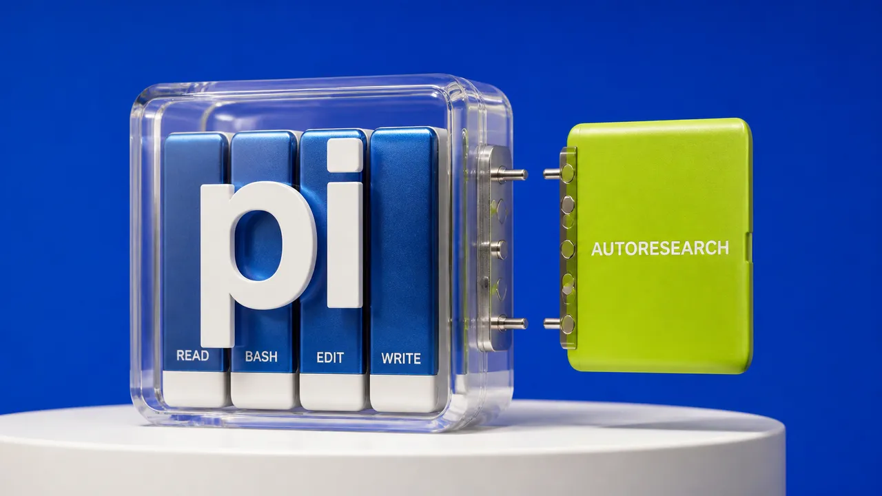 Núcleo transparente do Pi com quatro ferramentas e módulo Autoresearch acoplável.