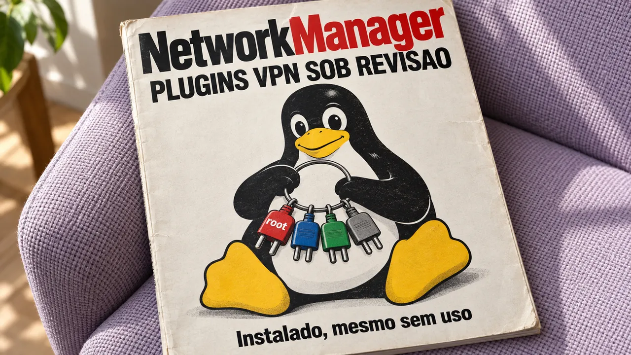 Revista com Tux e conectores ilustra a revisão dos plugins VPN do NetworkManager, mesmo sem uso.