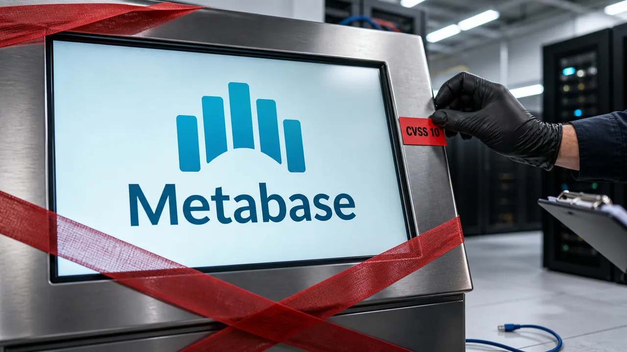 Painel do Metabase isolado com fita vermelha enquanto recebe um selo CVSS 10.