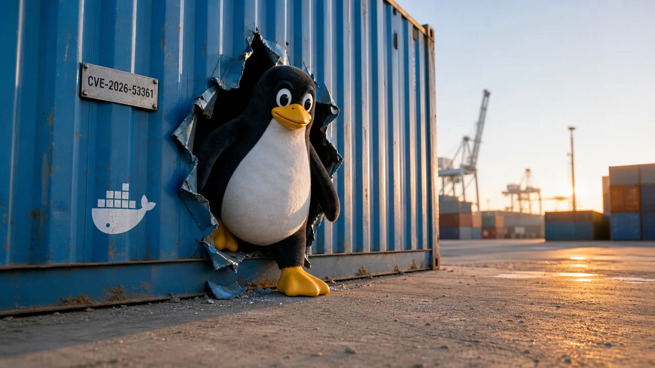 Tux atravessa a lateral rompida de um container azul identificado pela CVE-2026-53361.