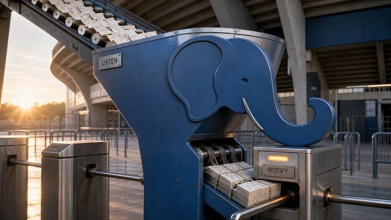 Elefante azul do PostgreSQL agrupa bilhetes de notificação diante de uma catraca.