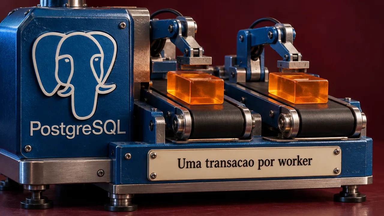 Máquina com o elefante do PostgreSQL e duas esteiras, cada uma levando um bloco, ilustra uma transação por worker.