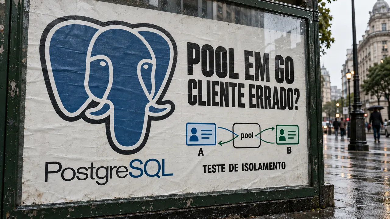 Cartaz com o elefante do PostgreSQL questiona a troca de clientes no pool em Go durante um teste de isolamento.