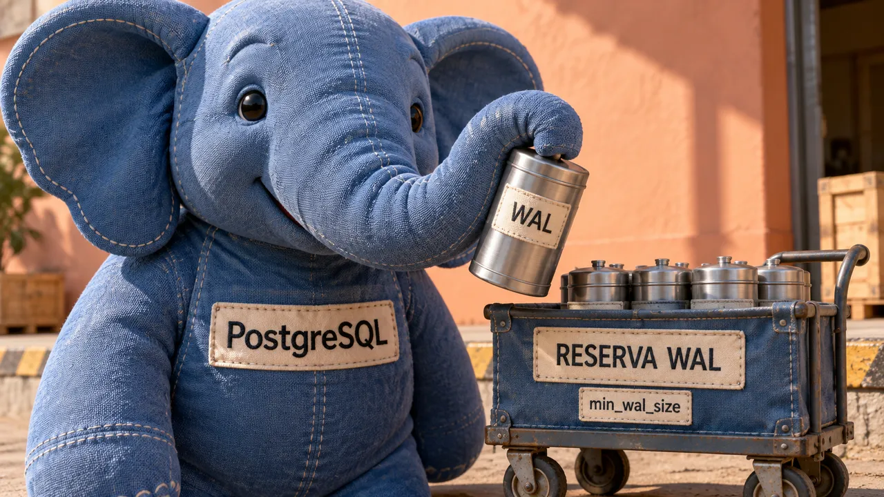Elefante azul do PostgreSQL segura um recipiente WAL ao lado de uma reserva de segmentos reutilizáveis.