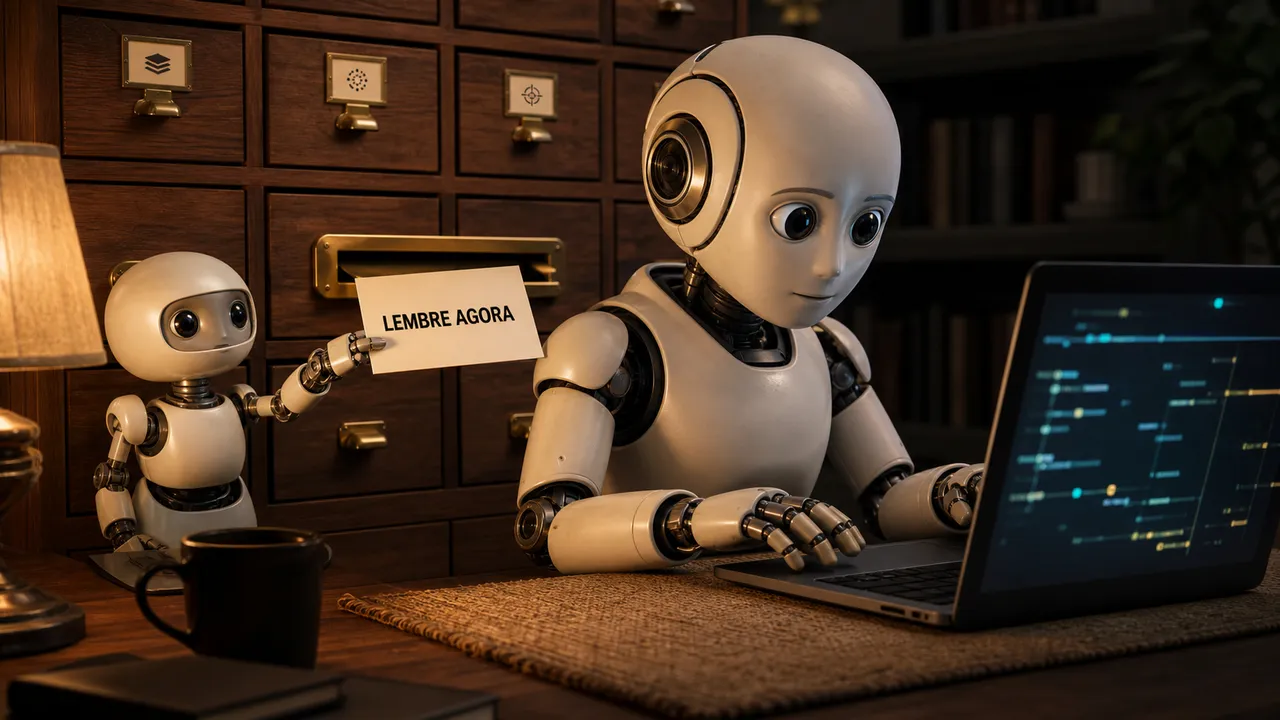 Agente de memória entrega um único lembrete a um robô que trabalha no laptop.