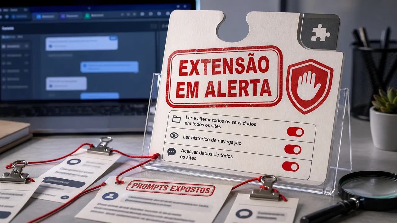 Cartão de permissão de extensão de navegador com aviso "EXTENSÃO EM ALERTA" sobre prompts expostos em chats de IA.