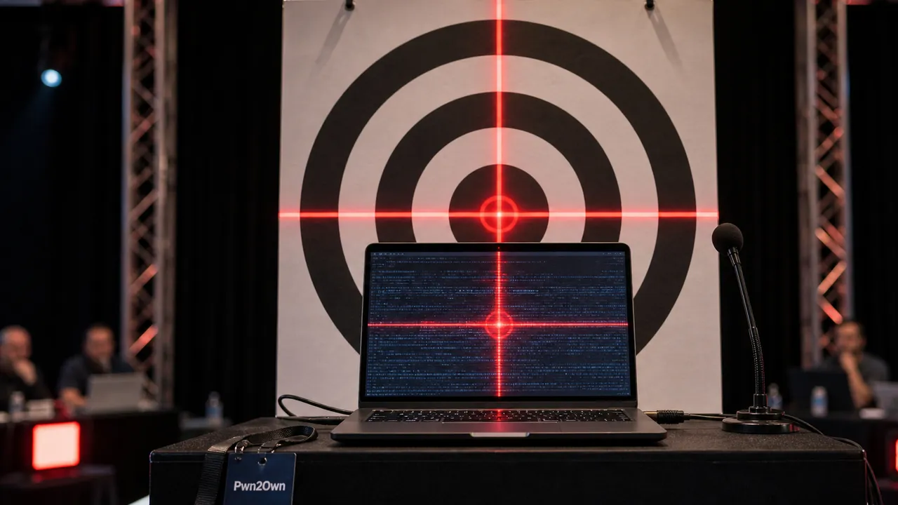Laptop em um palco de competição de segurança, alinhado com um grande alvo físico e um retículo vermelho, representando agentes de código entrando na mira do Pwn2Own.
