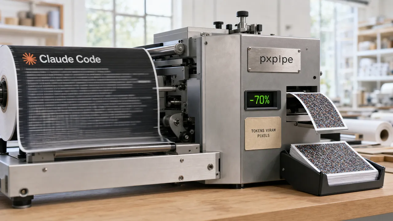 Fotografia editorial de uma máquina de impressão convertendo uma longa fita de papel com um terminal do Claude Code em pequenas fotos de pixels, com contador marcando -70%