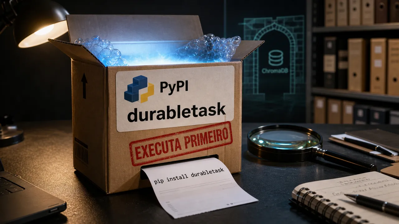 Caixa de pacote PyPI chamada durabletask aberta sobre uma mesa de revisão, brilhando por dentro e marcada com o aviso EXECUTA PRIMEIRO.
