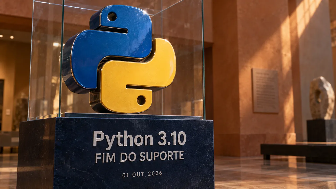 Símbolo do Python em uma vitrine, com inscrição sobre o fim do suporte à versão 3.10.