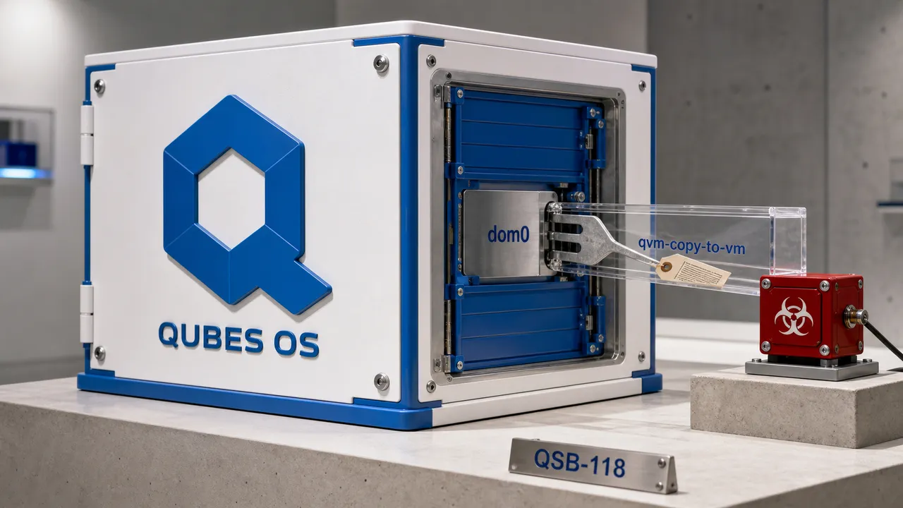 Maquete de uma caixa do Qubes OS mostra o dom0 isolado e um canal qvm-copy-to-vm ligado a um módulo vermelho de risco.
