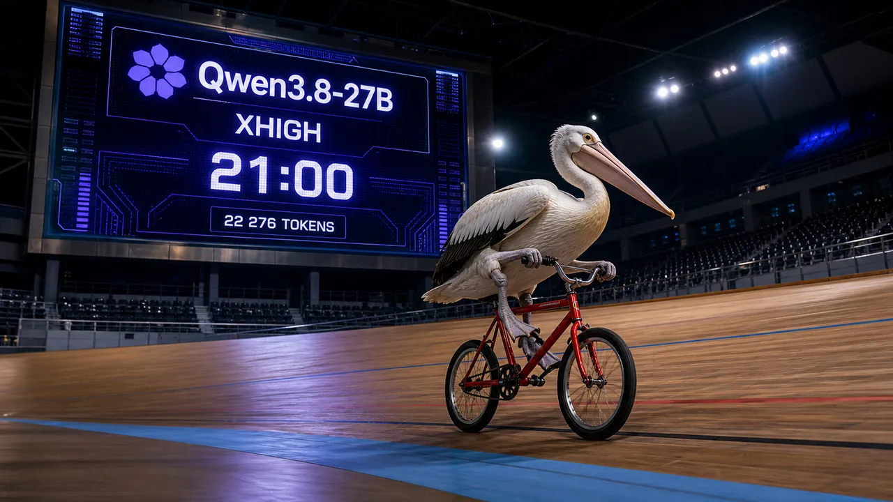 Pelicano pedala num velódromo diante de um placar do Qwen3.8-27B marcando 21 minutos.