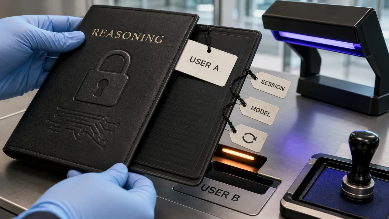 Passaporte preto de raciocínio criptografado, marcado como User A, é conferido no leitor de User B.