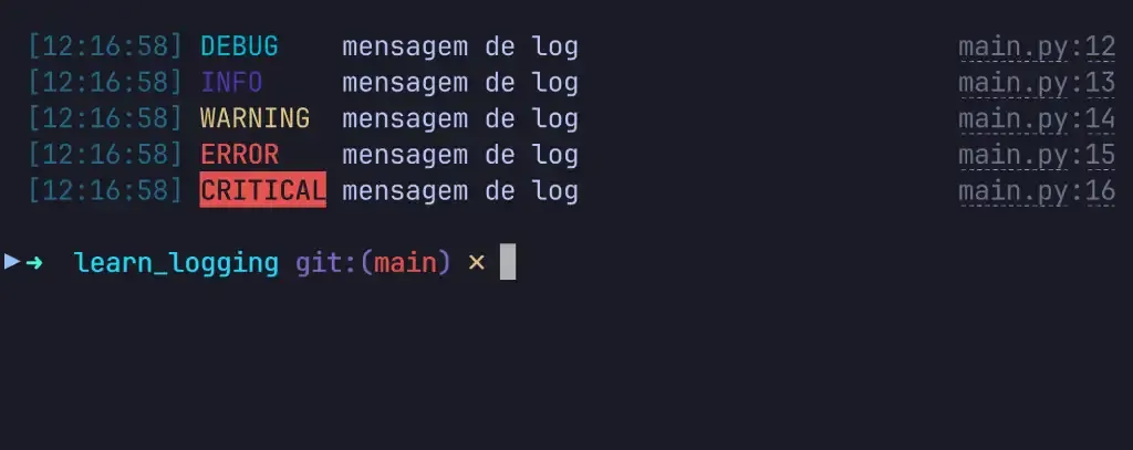 Exemplo de log do rich, uma tabela com os logs coloridos por nível de severidade.
