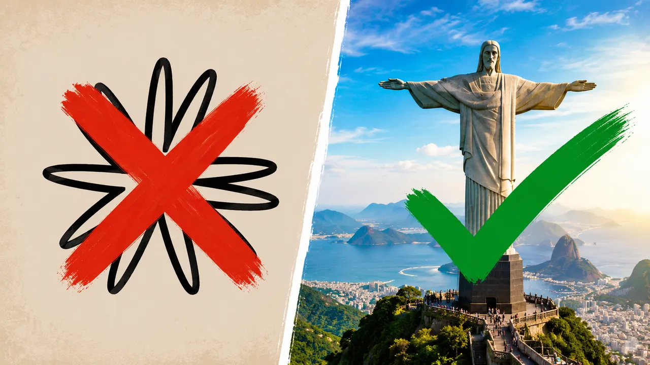 Montagem em duas metades: à esquerda, o símbolo da Anthropic marcado com um X vermelho, representando o acesso fechado; à direita, o Cristo Redentor no Rio de Janeiro com um sinal de visto verde, representando o modelo aberto.
