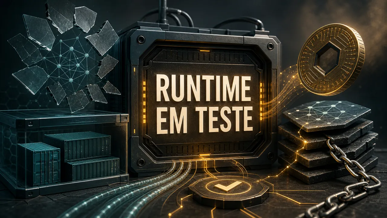 Capa editorial com a label Runtime em Teste sobre um núcleo de infraestrutura local cercado por containers, verificação e sinais de agente.