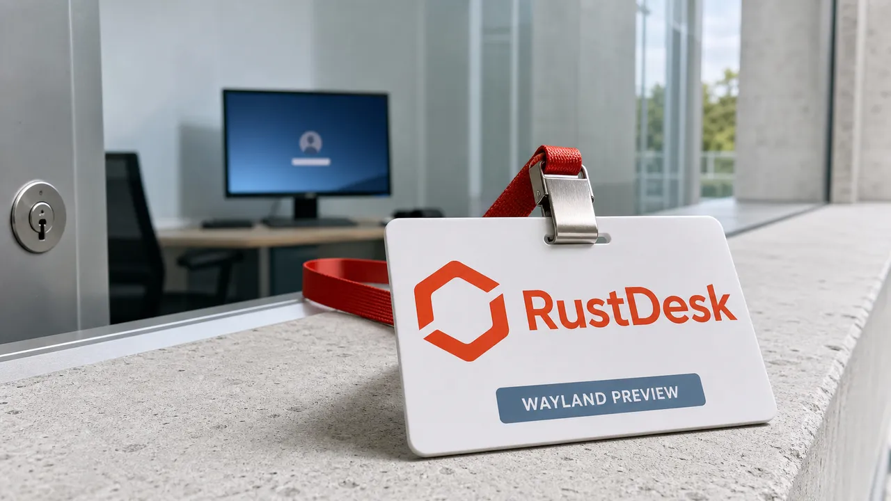 Crachá do RustDesk com a indicação Wayland Preview diante de uma workstation vazia na tela de login.