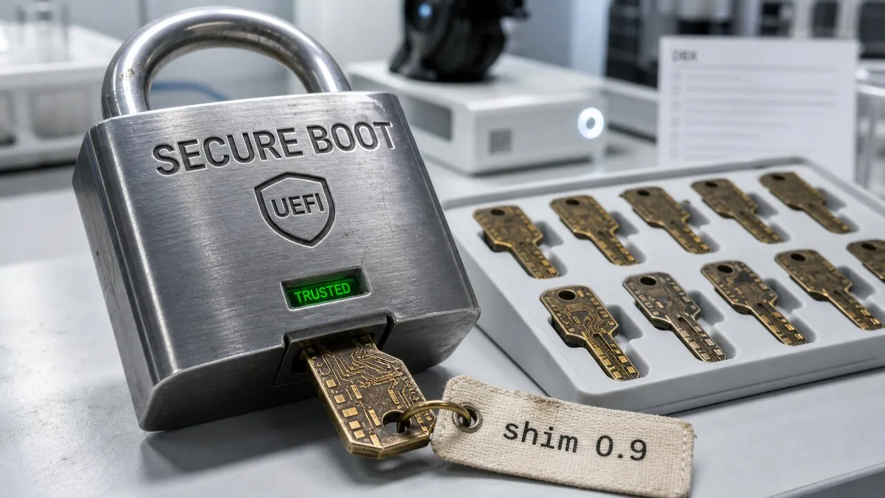 Cadeado Secure Boot aceita uma chave-circuito antiga marcada shim 0.9, ao lado de outras dez.