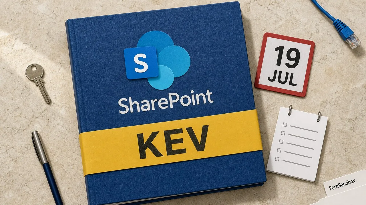 Fichário azul do SharePoint com faixa amarela KEV e calendário marcado em 19 de julho.