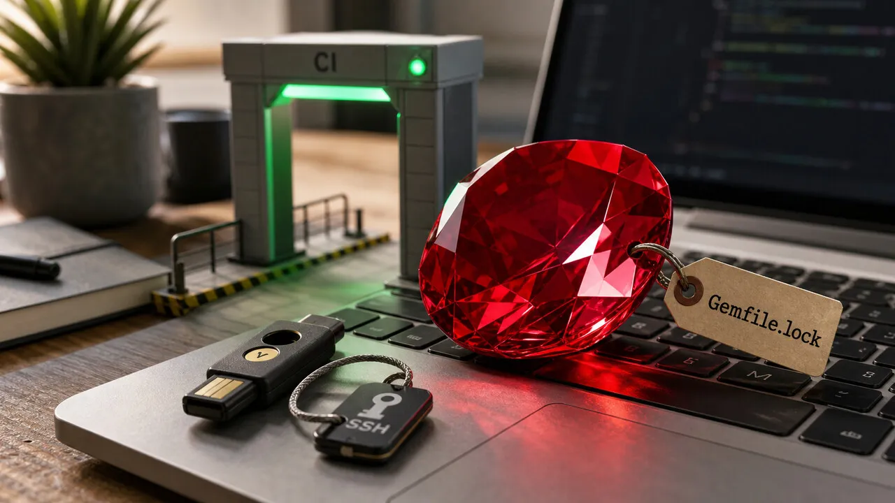Gema Ruby vermelha sobre um laptop após passar por um checkpoint verde de CI.