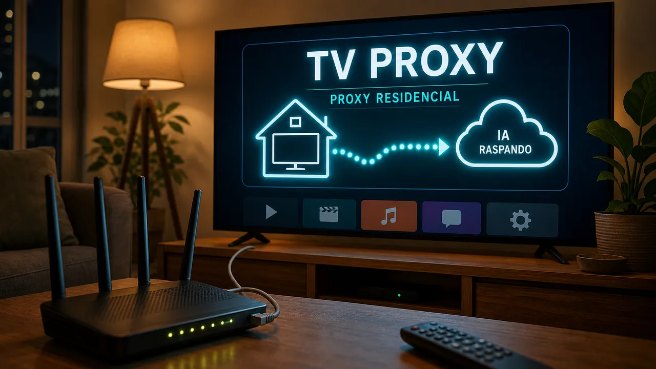 Smart TV em uma sala exibindo "TV PROXY" e "PROXY RESIDENCIAL", conectada visualmente a um roteador doméstico com a indicação "IA RASPANDO".