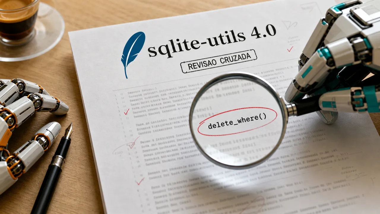 Página impressa do release sqlite-utils 4.0 com o logotipo de pena do SQLite, examinada por uma lupa de um robô revisor que circula uma linha de código em vermelho, enquanto a mão de outro robô descansa ao lado da caneta que escreveu a página.