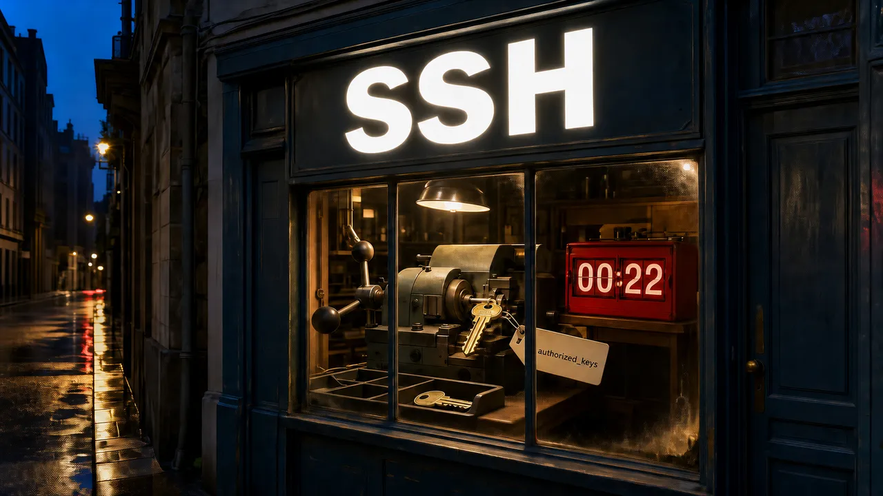 Vitrine de um chaveiro SSH com uma chave duplicada e relógio marcando 22 segundos.