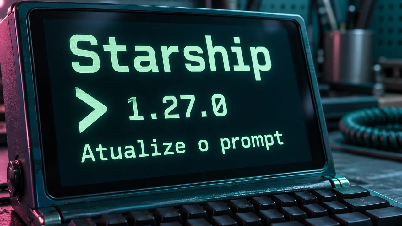 Terminal exibe Starship 1.27.0 e um aviso para atualizar o prompt após correções de segurança.