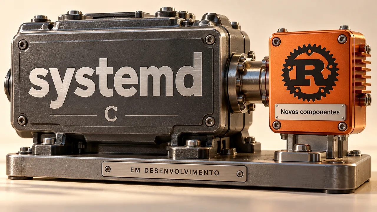 Modelo metálico do systemd em C conectado a um módulo laranja com o símbolo do Rust, representando novos componentes em desenvolvimento.